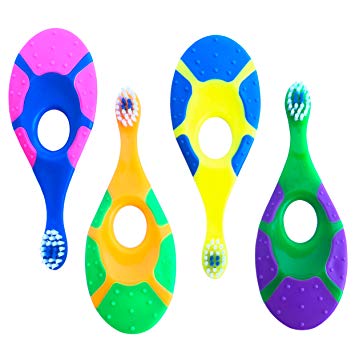 Baby Toddler Toothbrush 4 Pack - Trueocity - Soft Bristles - Teething Finger Handle Toothbrushes for 0-2 Years - Kids First Set (Blue, Orange, Pink, Green, Purple, Yellow) - BPA Free