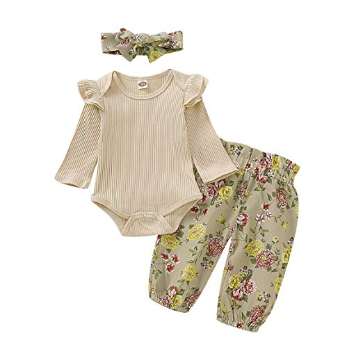 Newborn Baby Girl Clothes Long Sleeve Ruffle Romper Bodysuit Floral Halen Pants Bowknot Headband 3pcs Infant Toddler Outfits