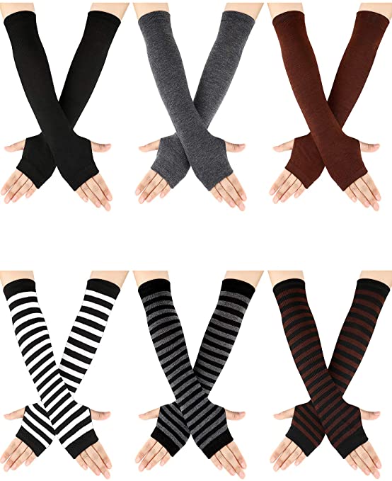 6 Pairs Women Long Fingerless Gloves Arm Warmers Knit Thumbhole Stretchy