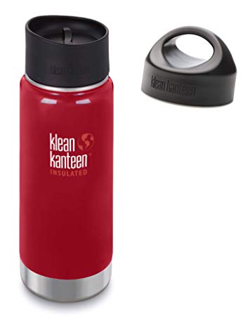 Klean Kanteen 16 oz Wide Mouth Insulated Bottle Mineral Red, With Leak Proof Café Cap 2.0 and Loop Cap