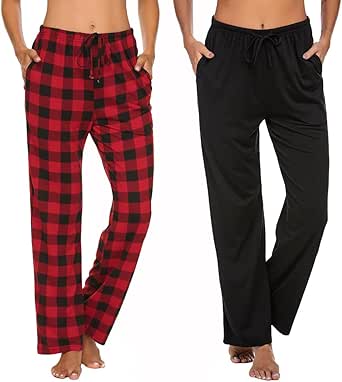 Ekouaer Womens 2 Pack Lounge Pants Comfy Pajama Pants Plaid Pajama Bottoms with Pockets Drawstring Pj Bottoms Pants