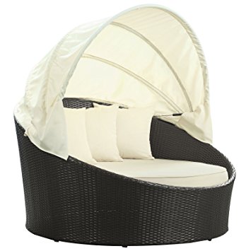 LexMod Siesta Outdoor Wicker Patio Canopy Bed in Espresso with White Cushions