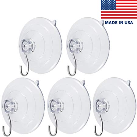 Suction Cups, ATUS Clear Plastic Large Suction Cup with Metal Hook, for Home Kitchen Bathroom Wall Towel Robe Hangers, Hanging Supplies, Utility Hooks, 2.5" Diameter (5-Pack)