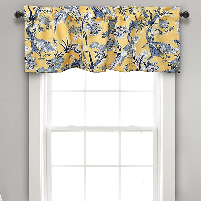 Lush Decor Dolores Valance Bird Floral Print Single Curtain, 18" x 52", Yellow