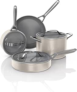 Ninja NeverStick Ceramic Pro 7-Piece Cookware Set, Non-Stick Pots, Pans, Glass Lids, Ceramic Coated, Stainless Steel Handles, Stove to Oven Safe, All Stovetops & Induction Compatible, Stone, CW39007ST