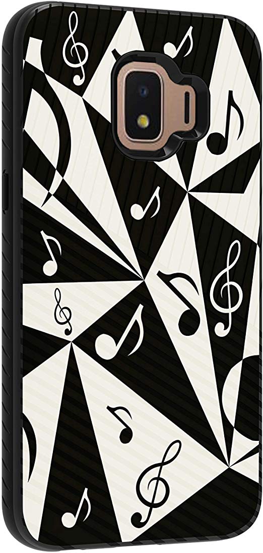 TurtleArmor | Compatible with Samsung Galaxy J2 Core Case | J2 Dash Case | J2 Pure Case | Slim Armor Hybrid Dual Layer Engraved Grooves Shell Case Music Design - Black and White Music Notes