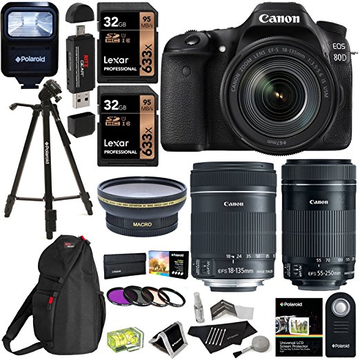 Canon EOS 80D Digital SLR Kit EF-S 18-135mm f/3.5-5.6 Image Stabilization USM & Canon EF-S 55-250mm Lens   Xit XT67WAB 67mm 0.43X Wide Angle Auxiliary Screw On Lens   Memory Cards   Accessory Bundle