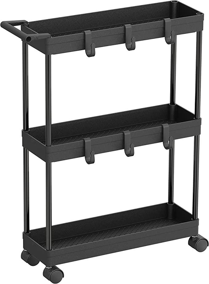 SimpleHouseware Kitchen Cart Storage 3-Tier Slim/Super Narrow Shelves with Handle, 26.5'' Height/5.5'' Width for Narrow Place, Black