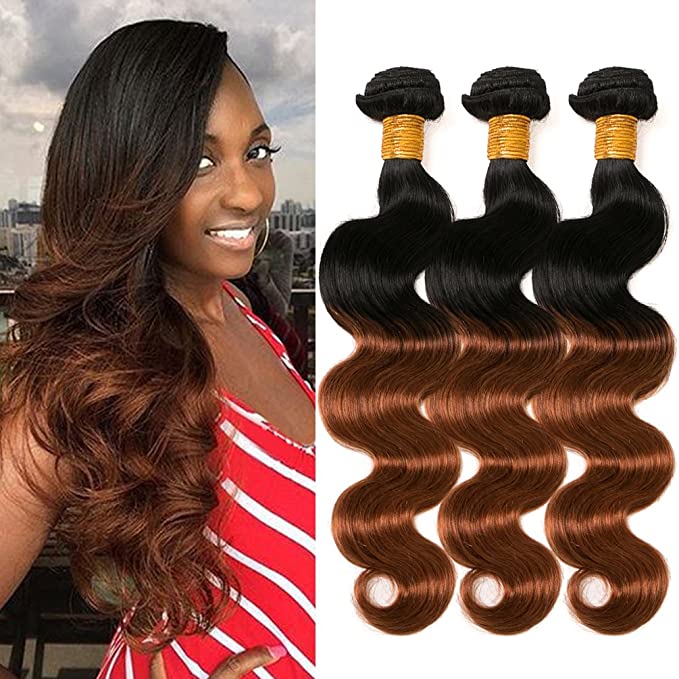GEFINE Hair 7A Soft Brazilian Virgin Hair Human Hair Extensions Ombre Two Tone #1B/#30 Brazilian Body Wave 3pcs Hair Weaves 12 12 14inch