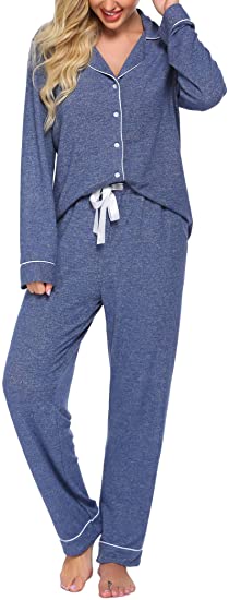 Ekouaer Pajamas Women's Long Sleeve Sleepwear Casual Button Down Loungewear Soft Pjs Set S-XXL