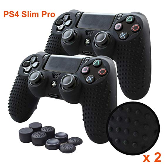 PS4 Controller Grips,Pandaren Studded Anti-Slip Silicone Cover Skin Set Compatible for PS4 /Slim/PRO Controller(Black Skin x 2   FPS PRO Thumb Grips x 8)