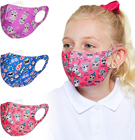 L.O.L. Surprise! Kids Face Masks, 3 Pack Reusable Mask for Indoor Outdoor Use, Washable Face Covering for Girls in Breathable Soft Fabric with Fashion LOL Dolls Unicorn and Kitty Queen