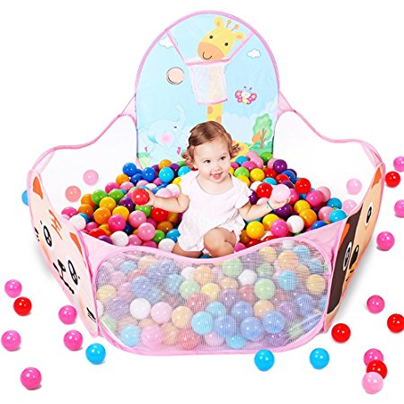 EocuSun Kids Ball Pit Tent Pool Portable Indoor Outdoor Children Ball Pit with Basketball Hoop and Zippered Storage Bag for Toddlers, Pink