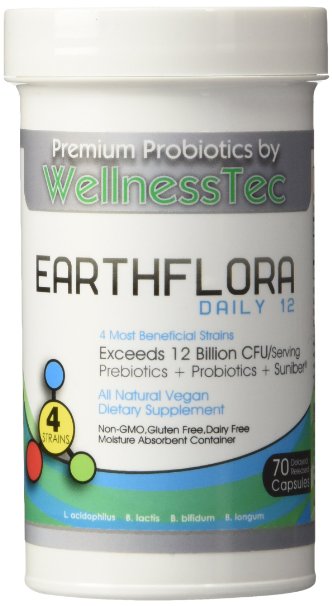 Advanced Probiotics with Fiber and Prebiotics Supplement - 2 Month Supply Time Release Capsules - Vegan - Lactose and Gluten Free - Premium Quality Formulated to Work for Women Men and Children - Earthflora Daily 12