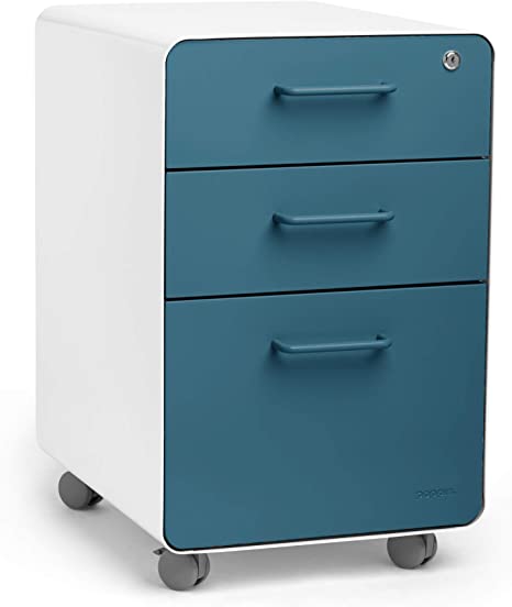Poppin Stow 3-Drawer Rolling File Cabinet - White   Slate Blue. 2 Utility Drawers and 1 Hanging File Drawer. Two Locking and Two Non-Locking Wheels. Powder-Coated Steel. Two Keys Included.
