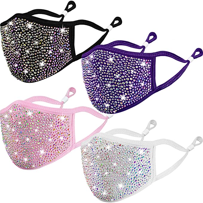 Nuanchu 4 Pieces Rhinestone Masquerade Face Covering Colorful Crystal Masquerade Face Covering Adjustable for Women and Girl