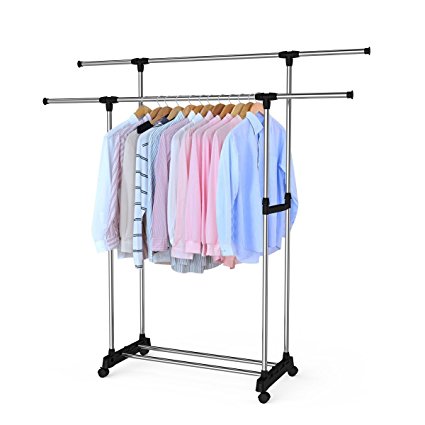 Clothes Rack Double Rail By HOMEMAXS Adjustable Telescopic Rolling Garment Rack
