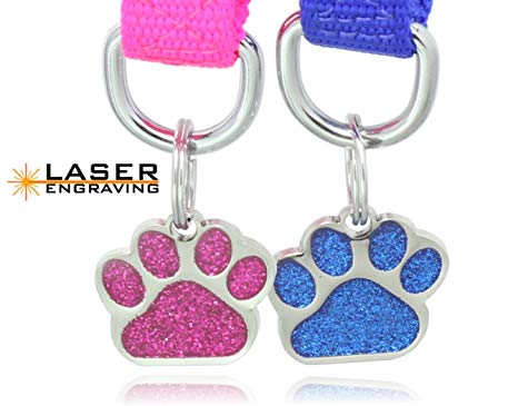 CUSTOMIZE NOW Laser Etched Glitter Paw Pet ID Tags FREE Custom Personalized for Dog & Cat Paw Print Tag