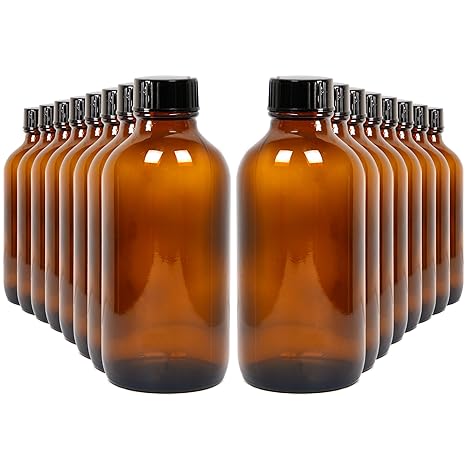 Youngever 12 Pack Empty Glass Bottles with Lids, Amber Glass Tight Seal Lids, Refillable Container for Essential Oils, Vanilla Extract and More (4 Ounce)