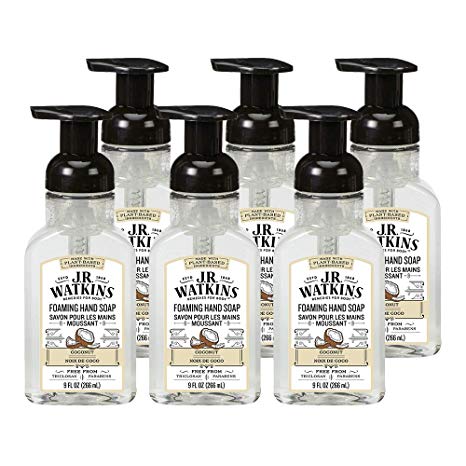 J.R. Watkins Foaming Hand Soap, Coconut, 6 Pack, Scented Foam Handsoap for Bathroom or  Kitchen, USA Made and Cruelty Free, 9 fl oz