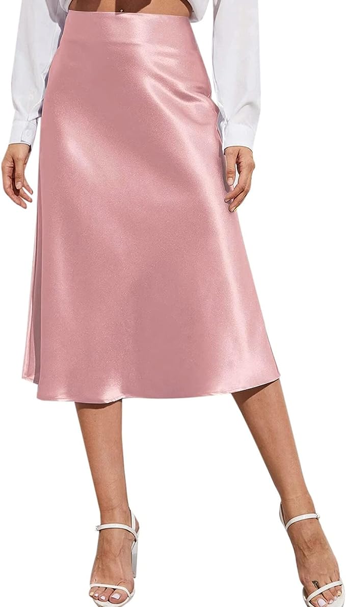Yoyorule Womens High Waist Midi Skirt Solid Satin Dress Zipper Elegant Summer Skirts Ballet Skirts