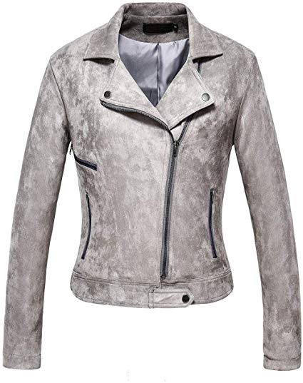 Chartou Women's Stylish Notched Collar Oblique Zip Suede Leather Moto Jacket