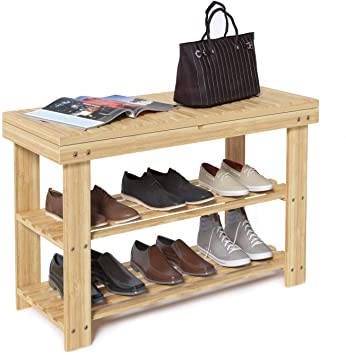 ZHU CHUANG 2-Tier Small Bamboo Stackable Shoe Rack with Compartment Bench Seat for Entryway, Hallway, Bedroom and Closet (Natural Bench with Compartment)