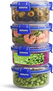 Sistema KLIP IT PLUS Récipients de conservation alimentaire ronds | 300 ml |Boîtes alimentaires étanches, empilables et hermétiques compatibles réfrigérateur/congélateur | Sans BPA | Lot de 4