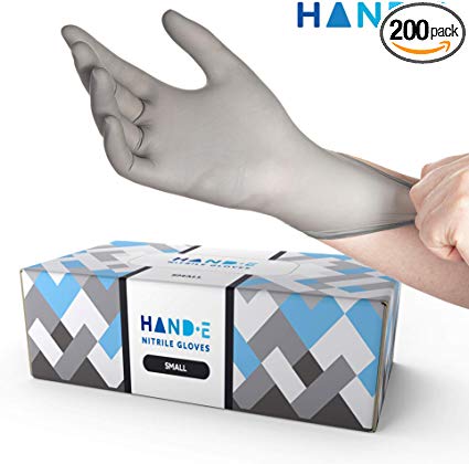 Hand-E Disposable Grey Nitrile Gloves Small - 200 Count - Kitchen Gloves - Powder Free, Latex Free Medical Exam Gloves with Textured Grip Fingertips - Cleaning, Salon, Painting