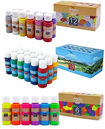 Artecho Acrylic Paint Acrylic Paint Set for Art, 36 Color 2 Oz, 18 Basic 12 Metallic and 6 Neon Acrylic Paint Supplies for Wood, Fabric, Crafts, Canvas, Leather&Stone
