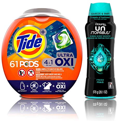 Tide PODS Ultra Oxi 4 in 1 HE Turbo Laundry Detergent Pacs, 61 Count Tub with In-Wash Scent Booster Beads, Fresh, 20.1 Ounce