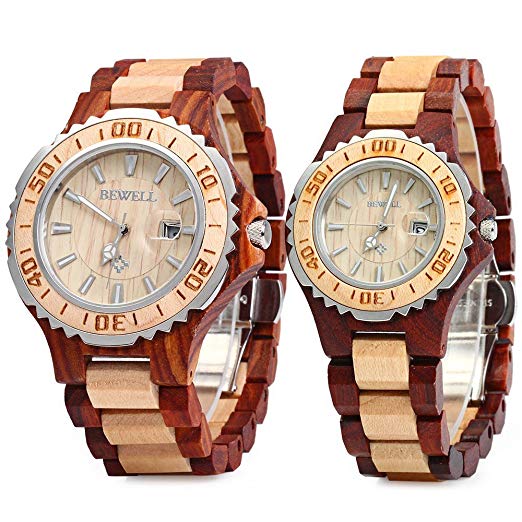 Bewell ZS-100B Couple Wooden Quartz Watch Men and Women Handmade Lightweight Date Display Fashion Watches