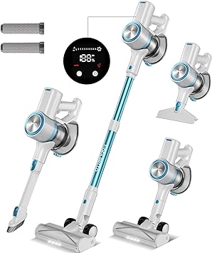 FABULETTA Cordless Vacuum Cleaner, 29Kpa Powerful Suction Up to 50 Min Runtime, 8 in 1 Lightweight Stick Vacuum Cleaner with Brushless Motor, Great for Pet Hair & Hard Floor, Led Display (White& Blue)