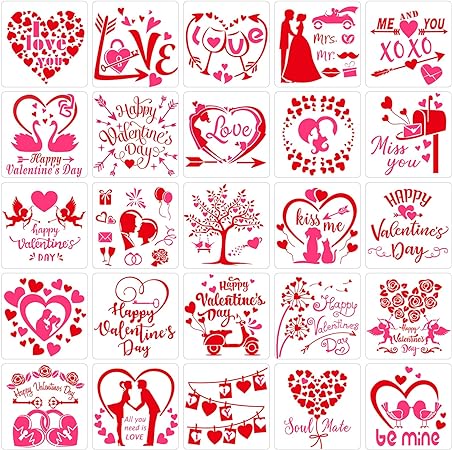 25 Pieces Valentine's Day Stencils Reusable Valentine Painting Templates Plastic Heart Couple Album Drawing Stencils for Valentine's Day DIY Craft Painting Scrapbooking Card Wedding Decoration