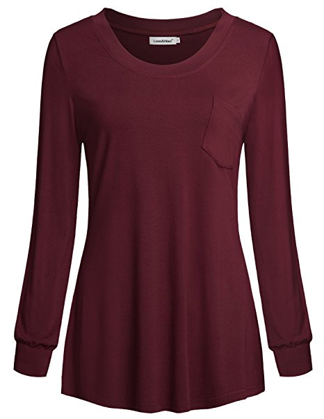 Lem&Hao Womens Casual Long Sleeves Round Neck Tops with Pocket Flared Blouses