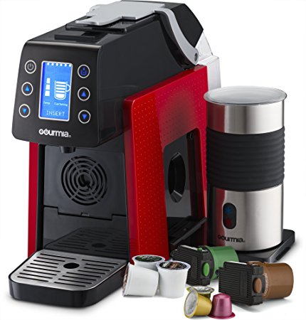 Gourmia GCM5000 One Touch Multi Capsule Coffee Machine, Compatible With Nespresso, K-Cup Pods & More, Built In Milk Frothier, Adjustable Temperature & Size, Digital Display - Red