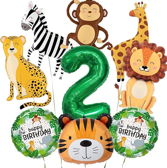 Jungle Animal Balloons, Safari Birthday Decorations, Large 40in Number 2 Balloon, Cute Smile Animal Balloons, for Boys Girls 2 Years Old Birthday, Jungle Safari Theme Party
