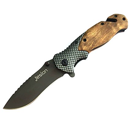 Jeslon Spring Assisted Opening Tactical Folding Pocket Knife, Wood Handle 440C 57HRC Blade Good for Camping Survival and outdoor Activities.