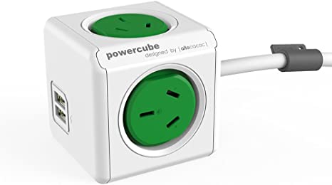 Allocacoc PowerCube Surge Protector with 4 Power Outlet and 2 USB Ports, 1.5 Meter Length, Green