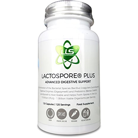 LactoSpore® (Bacillus Coagulans) Plus by LLS | Probiotics | 15 Billion CFU | 120 Capsules - 4 Month Supply | Includes Digestive Enzymes and Prebiotic Inulin | UK Made Under GMP Certification