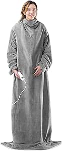 Navaris Electric Blanket with Sleeves - Adult Heated Wearable Soft Plush Fleece Throw with Adjustable Heat and Auto Shut Off Timer - Grey/Cream