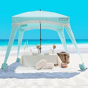 OutdoorMaster Beach Cabana with Fringe, Portable 6' x 6' Beach Canopy, Easy Set Up Beach Shelter, Included Side Wall, UPF 50  UV Protection Sun Umbrella - for Kids, Family & Friends -Stripes