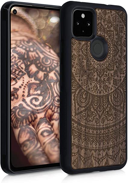 kwmobile Carcasa Compatible con Google Pixel 4a 5G - Funda de Madera de Nogal con Bumper de Silicona Sol hindú