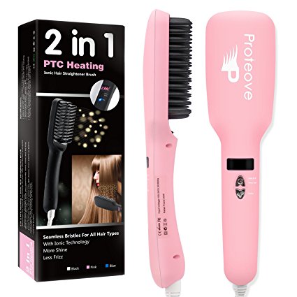 Proteove Hair Straightener Brush 2.0, Anion Instant Magic Silky Straight Hair Styling, Anti Scald Teeth, Anti Static Ceramic Heating Detangling Hair (Pink)