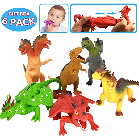 8 Inch Rubber Dinosaur Dragons Toys Set(6 Piece),Great Safety Materials TPR Super Stretchy,With Learning Resources Card,Zoo World Realistic Dinosaur Dragon Figure, For Boys Kids Bathtub Squishy Toys