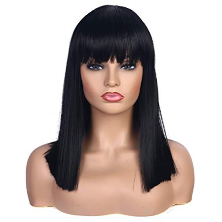 Tsnomore Women’s Black Color Short Bob Wig With Hair Bangs Synthetic Full Hair Wig Heat Resistant Short Straight Black Wig For Women