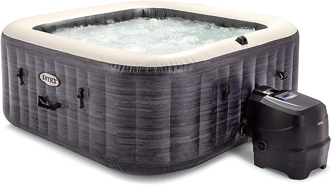 Intex 28449EP PureSpa Plus 4 Person Portable Inflatable Square Hot Tub Spa with 170 Bubble Jets and Built in Heater Pump, Greystone