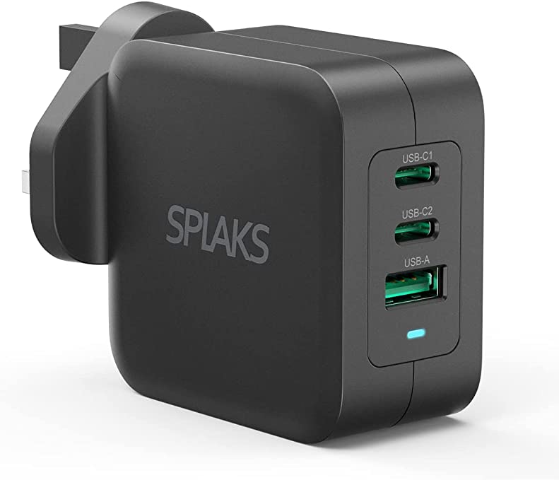 USB C Charger Plug, SPLAKS 100W 3-Port PD Type C Wall Plug Multiple GaN Fast Power Adapter for MacBook Pro/Air, Dell XPS, iPad Mini/Pro, iPhone, Galaxy and more-Black