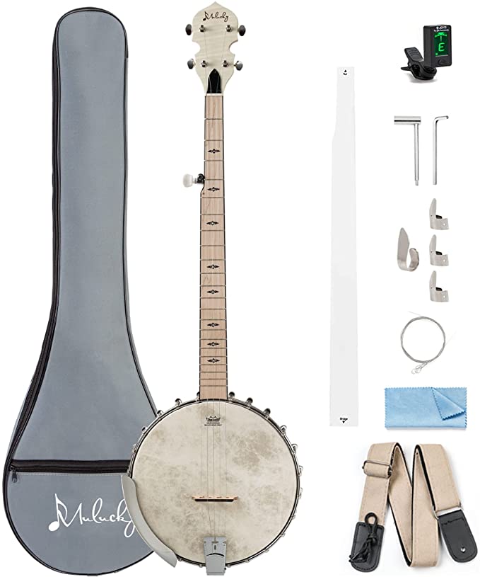 Mulucky 5 String Banjo, Full Size with 24 Brackets, Open Back, Maple Banjos with Remo Head, Geared 5th Tuner, Gift Package with Beginner Kit - B1101