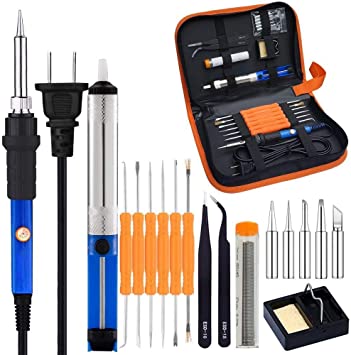 Sywon Full Set 60W 110V Electric Soldering Iron Kit with Adjustable Temperature Welding Iron, 5pcs Tips, Desoldering Pump, 2pcs Tweezers, Tin Wire Tube, Stand and 6pcs Aid Tools in PU Carry Bag